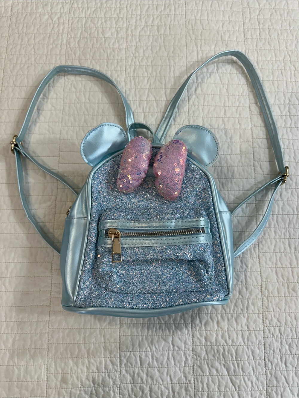 Mini Backpack Light Blue Glitter Pink Sequin Bow Small Metallic NEW